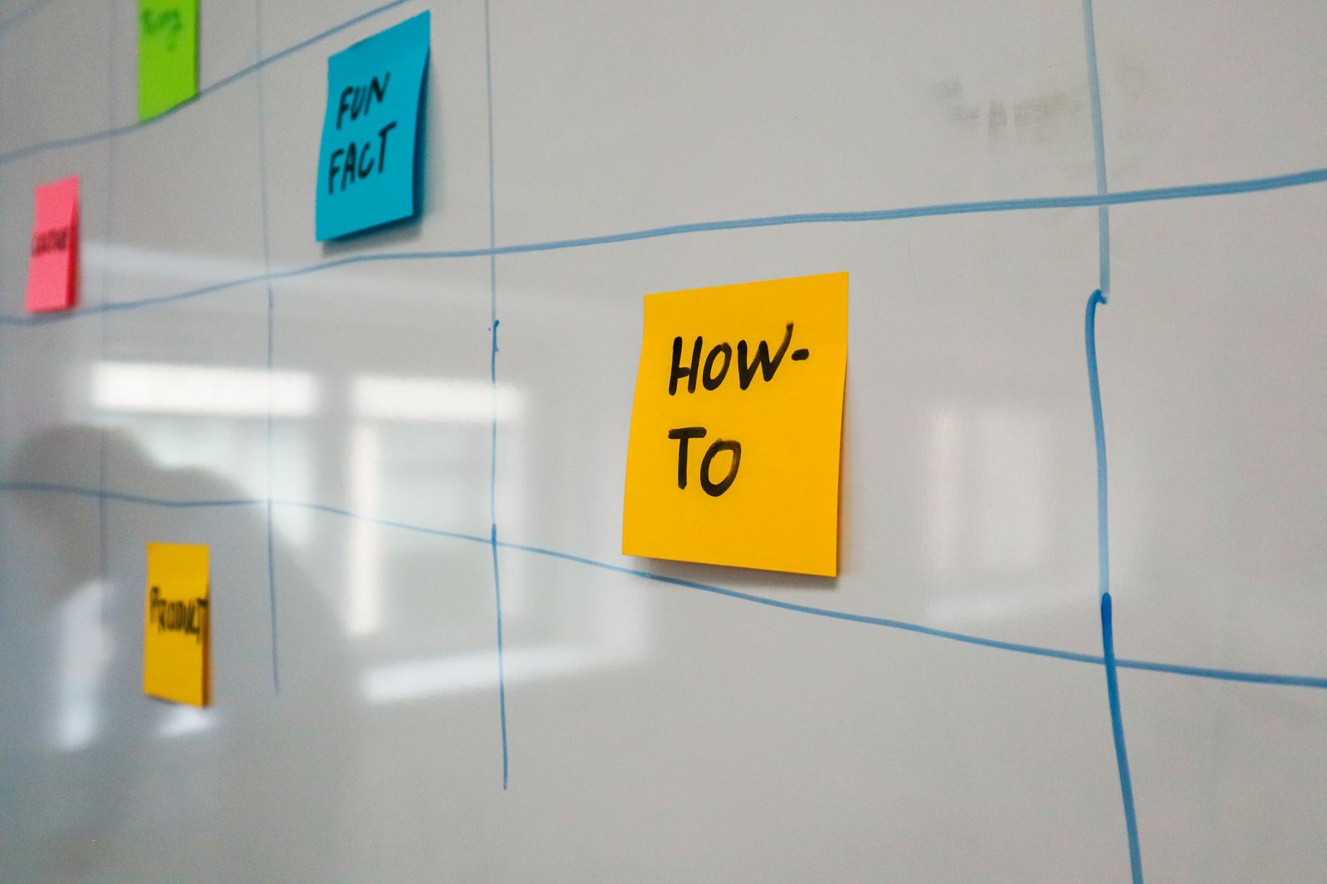 Whiteboard mit farbigen Klebezetteln als Zeitplan für Marketingmaßnahmen